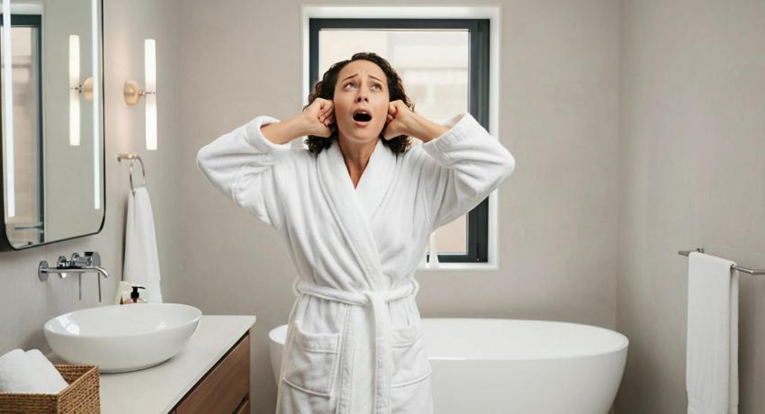 Photo of woman standing in bathroom, covering her ears with her hands