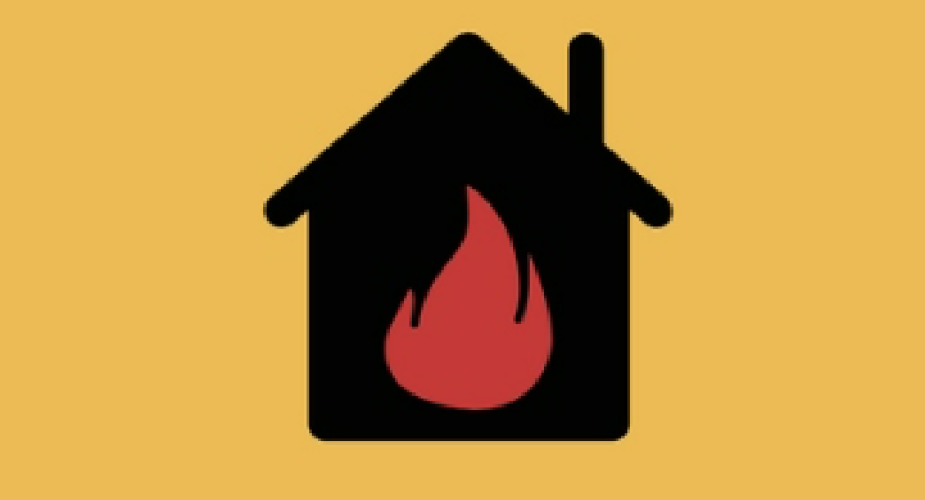 Image of a house with a red flame in center.