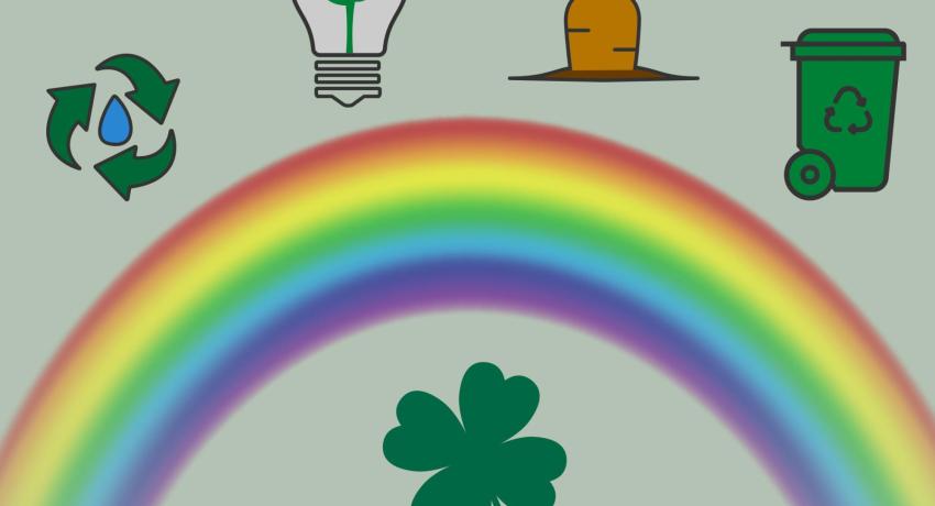 Drawing of a rainbow surrounded by recycling icon, trash bin, light bulb, carrot, and shamrock