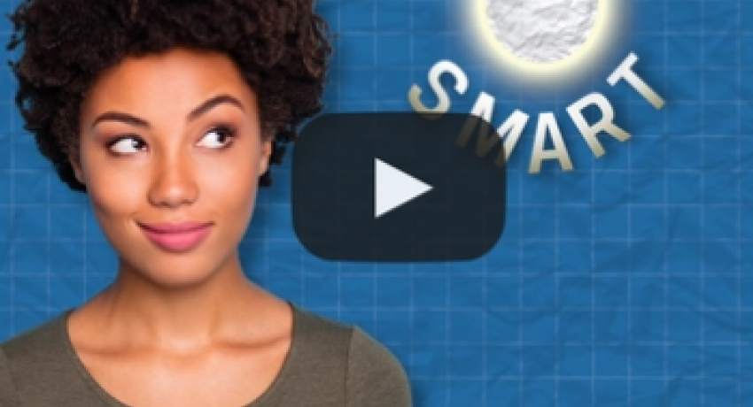 Photo of woman next to a light bulb under which the word smart is written