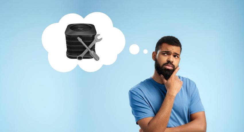 Photo of man contemplating and holding hand on his chin, next to a thought bubble including tools