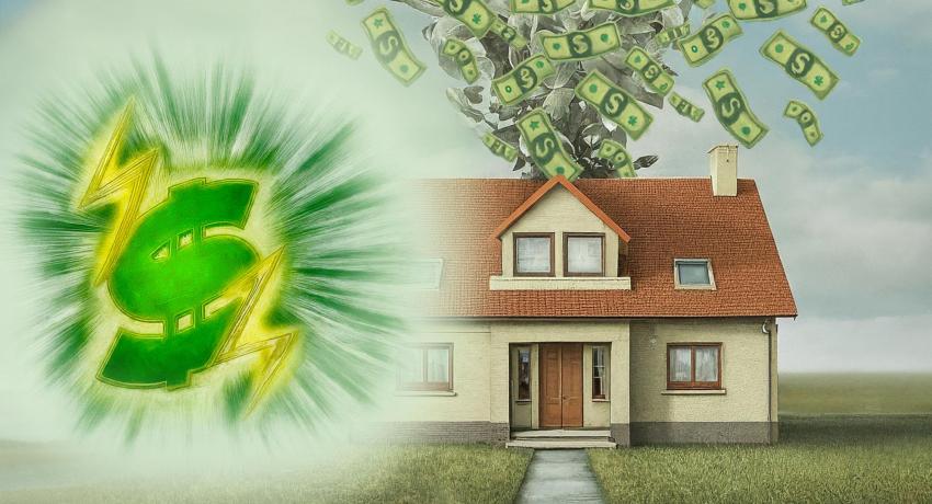 Drawing of house with dollars flying out of roof.