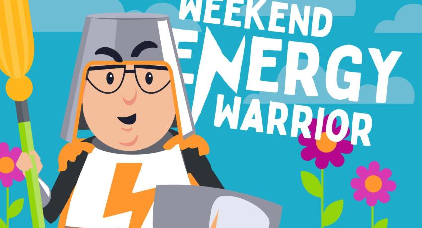 Drawing of a man dressed as a knight with the words weekend energy warrior behind him