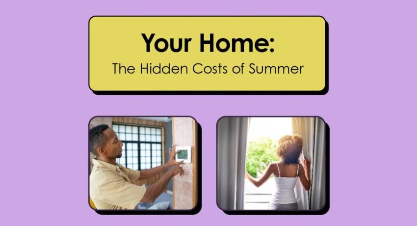 Photo of man adjusting thermostat and photo of woman looking out of window.