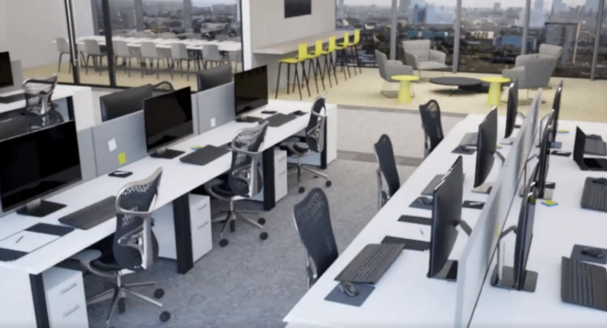 Photo of open space office with several desks