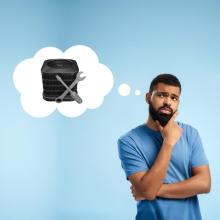 Photo of man contemplating and holding hand on his chin, next to a thought bubble including tools