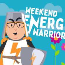 Drawing of a man dressed as a knight with the words weekend energy warrior behind him