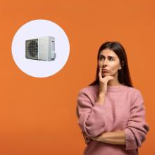 Photo of woman pondering, left of woman image of a heat pump in a white circle, making it look almost like a thought bubble